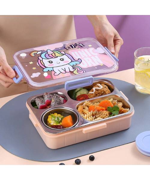 4 GRID STAINLESS LUNCH BOX-(DINO & UNICORN) | Peekaboo Kids Mart