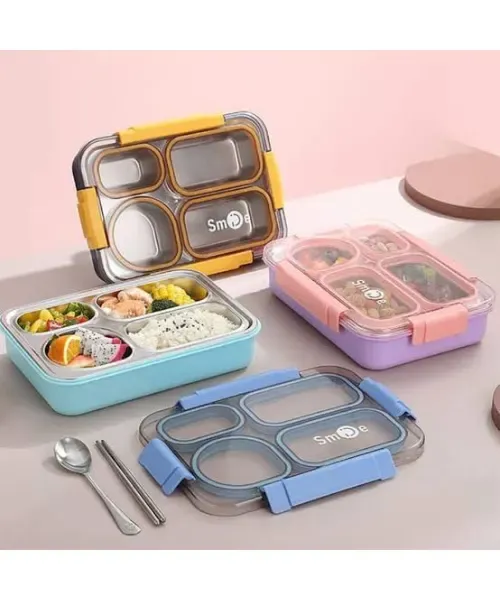 4 GRID STAINLESS BENTO LUNCH BOX-(LEAKPROOF & MIXPROOF) – KIDS ESSENTIALS | Peekaboo Kids Mart