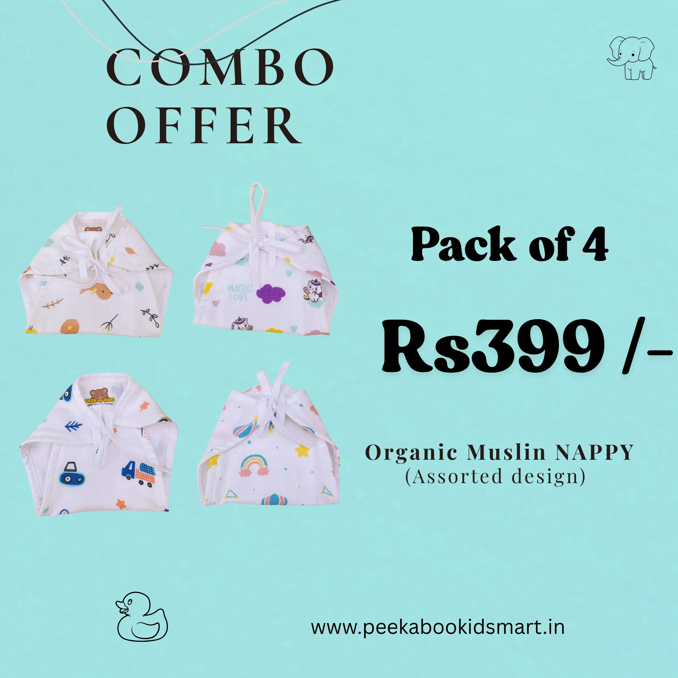 Combo (4 Nappy)- 3-6m - Assorted – BABY CLOTHING | Peekaboo Kids Mart