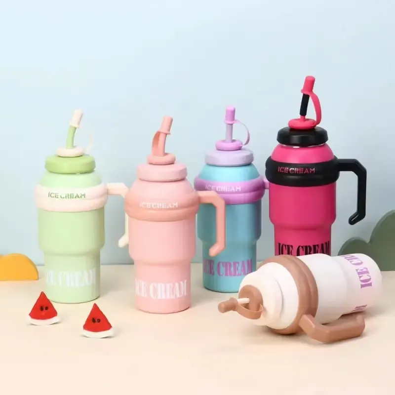 1000ml Ice Cream Kids Insulated Tumbler with Straw & Handle | Stainless Steel Hot & Cold Water Bottl – KIDS ESSENTIALS | Peekaboo Kids Mart