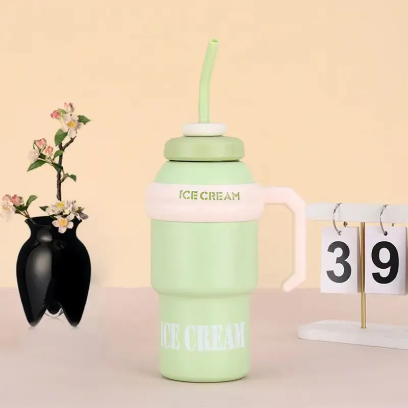 1000ml Ice Cream Kids Insulated Tumbler with Straw & Handle | Stainless Steel Hot & Cold Water Bottl | Peekaboo Kids Mart