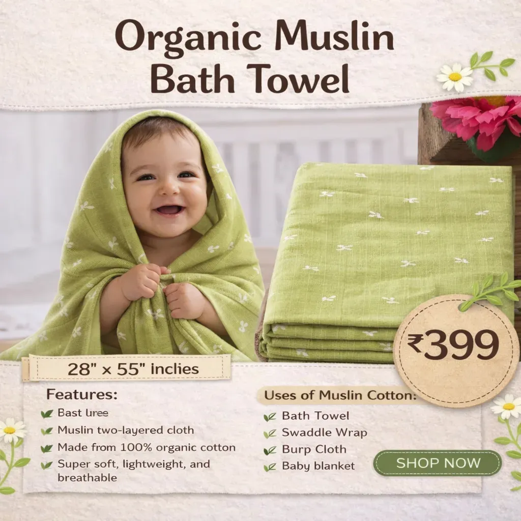 Green flower Muslin Bath Towel -2 layer -70*145cm – BABY CLOTHING | Peekaboo Kids Mart