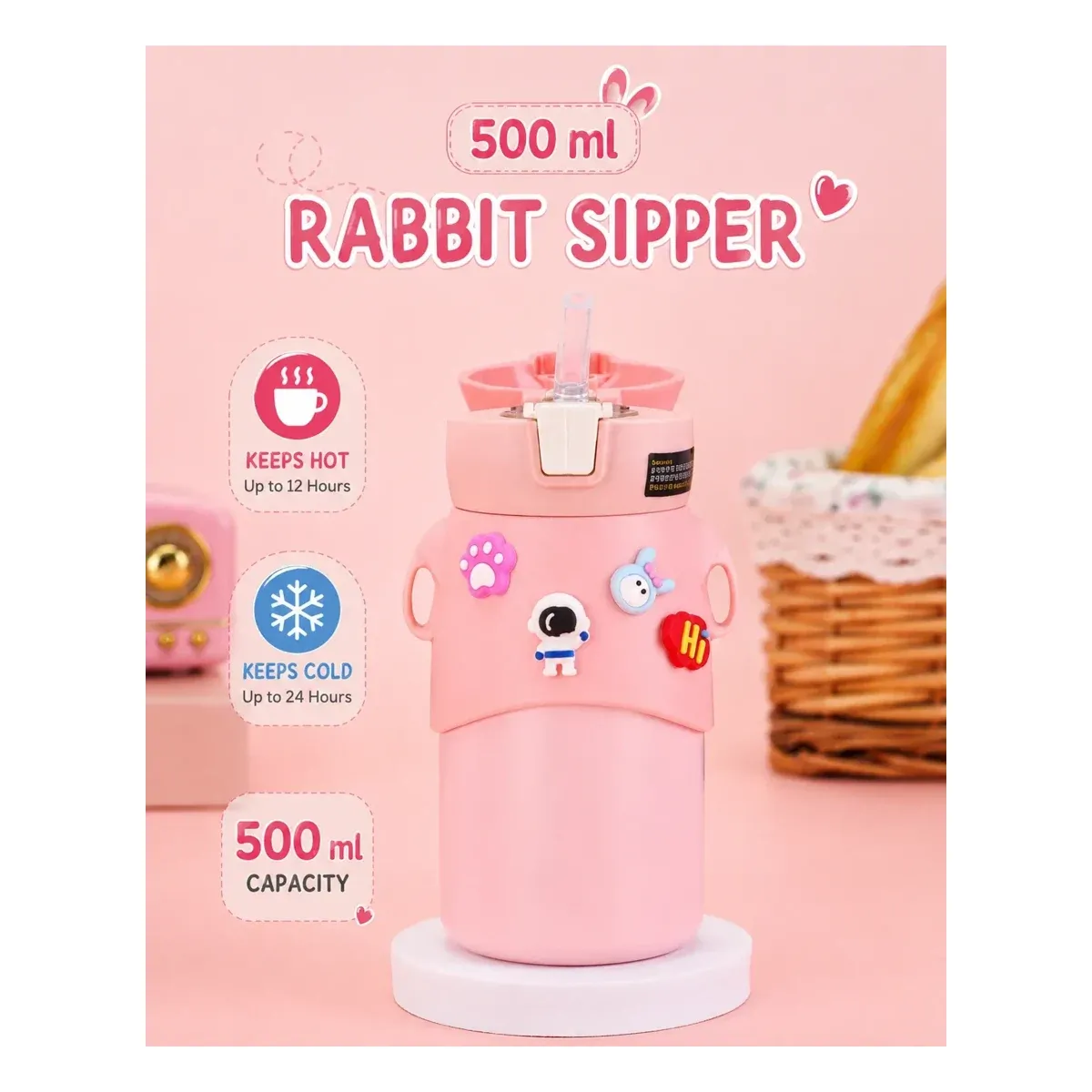 500ml Rabbit Kids Insulated Sipper Bottle with Straw | Stainless Steel Hot & Cold Water Bottle – KIDS ESSENTIALS | Peekaboo Kids Mart